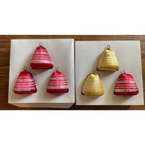 Set of 6 Vintage Pyramid Satin Bell Hanging Ornaments 4 Red 2 Yellow Boxed